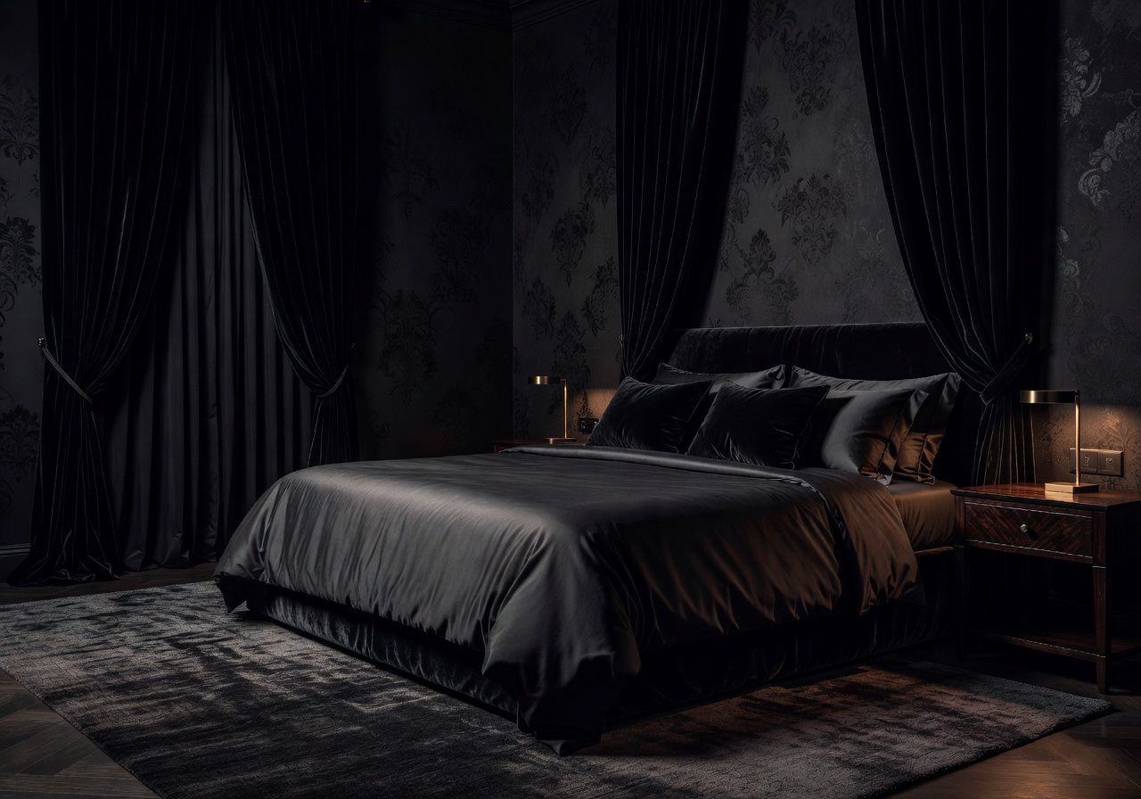 Dark moody luxury suite bedroom