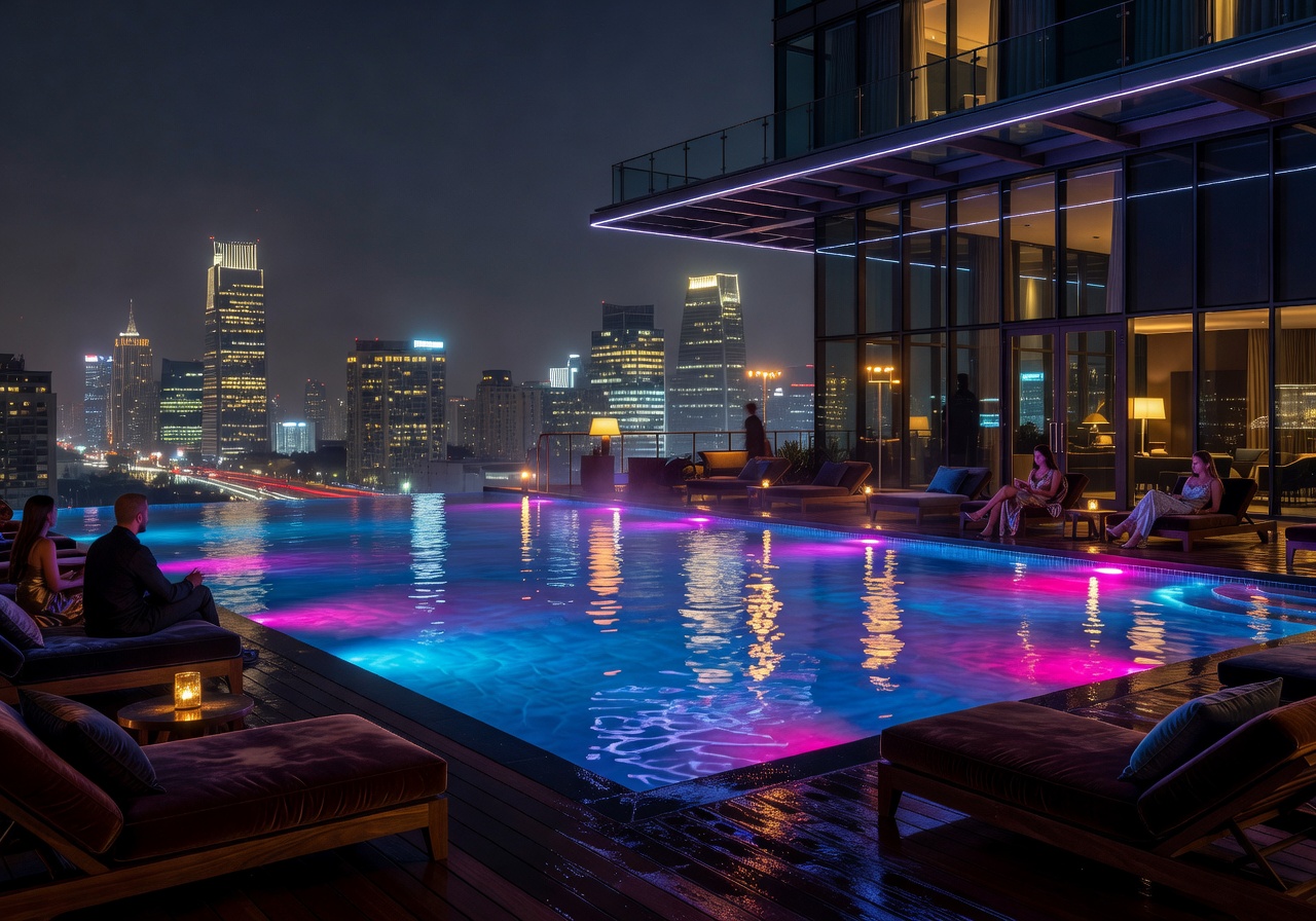 H Hotel vibrant rooftop pool at night