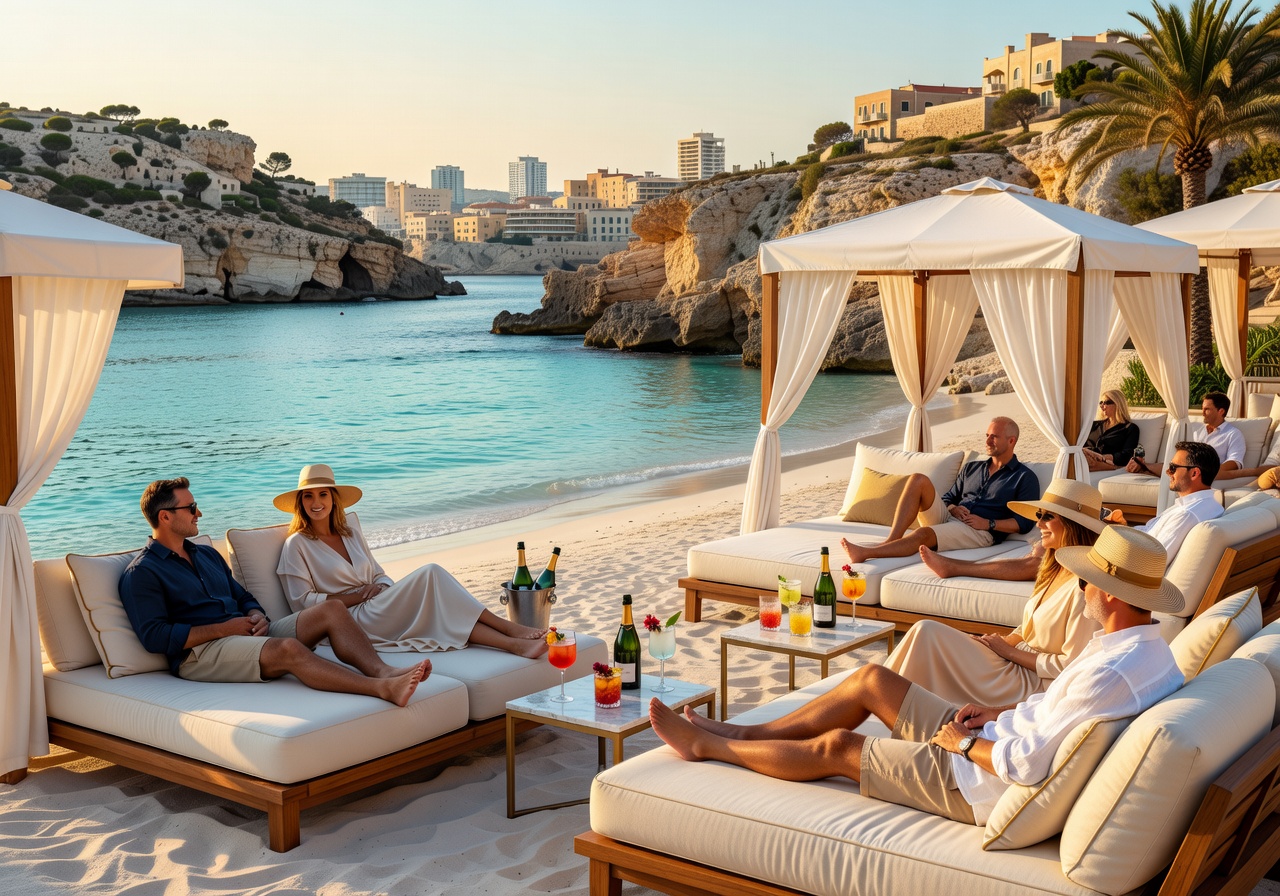VIP luxury beach club lounging in St. Julian's
